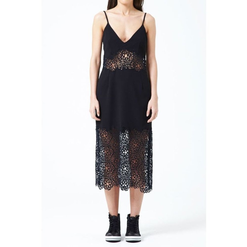 Shakuhachi Black Honeycomb Lace Midi Dress Size S Adjustable Spaghetti Straps